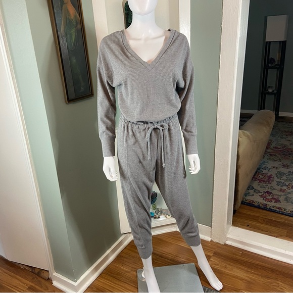 Chaser Love Rib Long Sleeve Double V Drawstring Jumpsuit in Heather Grey Medium - Picture 2 of 11